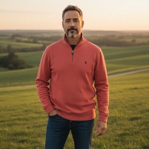 Polo Ralph Lauren Orange 1/4‎ Zip Mock Neck Cotton Sweater Pullover Size L Pony